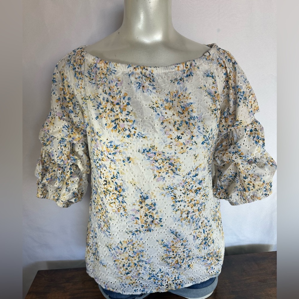 CeCe Eyelet Blouse with Floral Design - Cream, Blue, Yellow